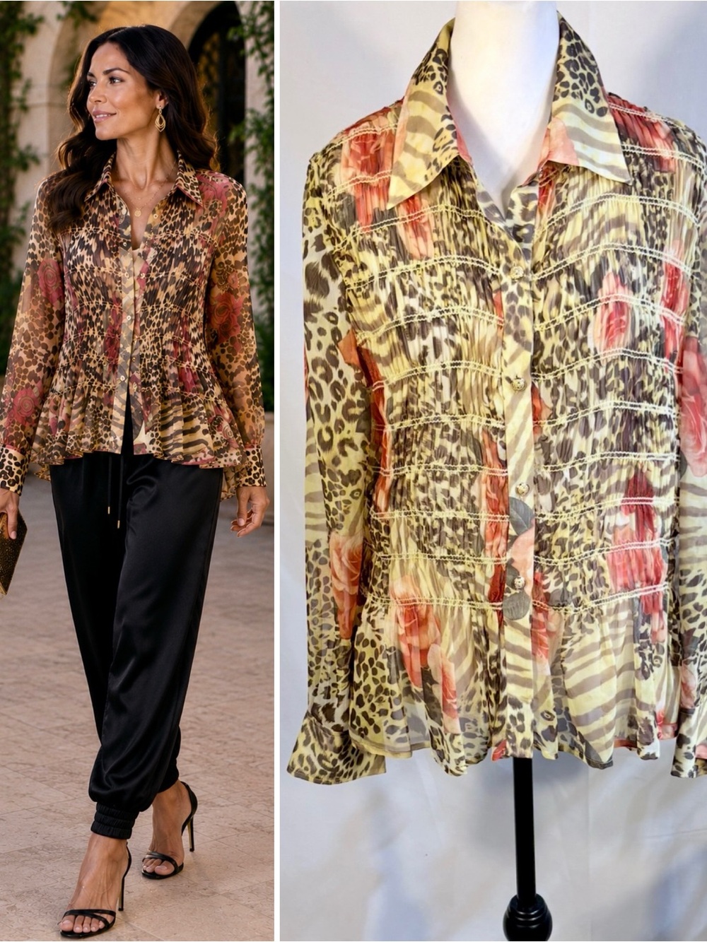 💥St. John Sport Marie Gray Animal Print Crinkle Blouse Sheer Button Front L💛